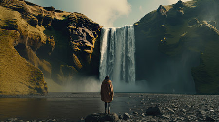 Woman looking at Skogafoss waterfall in Iceland. 3d renderingの素材
