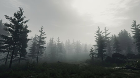 Foggy morning in the coniferous forest. 3d renderの素材