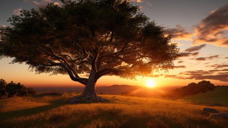 Beautiful sunset over a tree in the field. 3d renderの素材