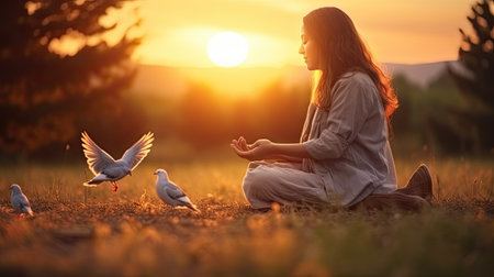 Young woman meditating with seagulls in the meadow at sunsetの素材