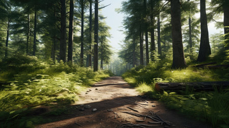 Beautiful panorama of a forest path in the morning light.の素材