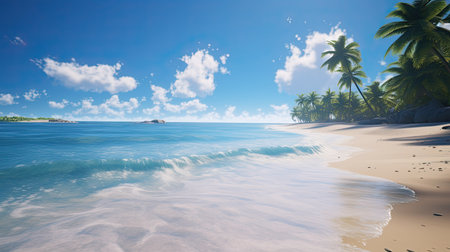 tropical beach with coconut palm trees and blue sky in Seychellesの素材