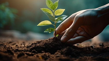 Human hand planting a tree on fertile soil with sunlight background, Save world conceptの素材