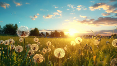 Beautiful dandelion flowers on meadow at sunset. Nature backgroundの素材