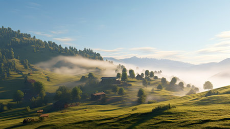 Foggy morning in the mountains. Landscape with foggy meadowの素材