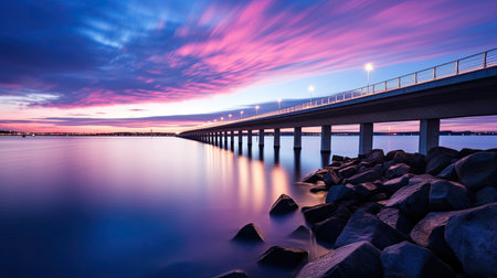 Sunset over the sea with a pier in the foreground. Long exposureの素材