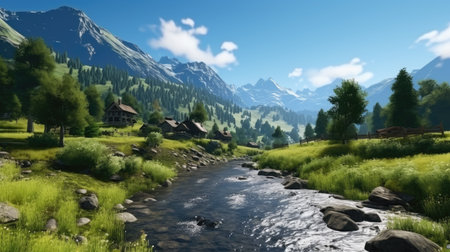 Mountain landscape with a small river in the foreground and a wooden house in the backgroundの素材