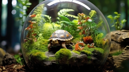 Turtle in a glass florarium with green plants and stonesの素材