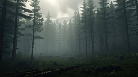 Foggy morning in the coniferous forest. 3d renderの素材