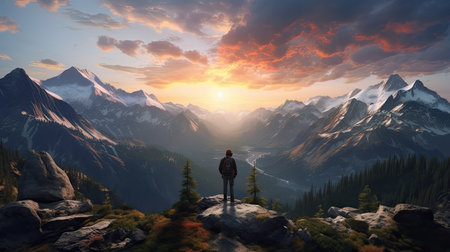 Man standing on the top of a mountain and looking at the sunsetの素材