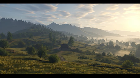 3d render of a rural landscape with hills and meadows.の素材
