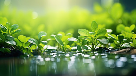 Close up of young green plant growing in water with sunlight. Healthy food conceptの素材