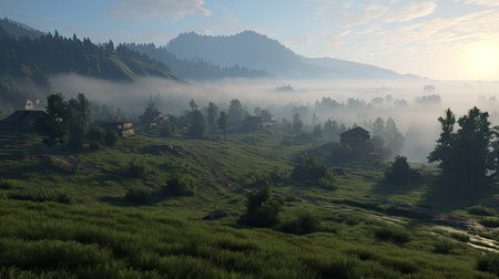 Foggy morning in the mountain village. Landscape with foggy valley.の素材