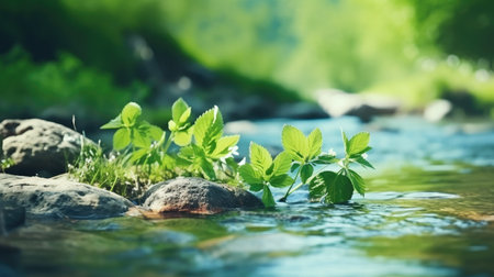 Green plant growing on the rocks in the river. Nature background.の素材