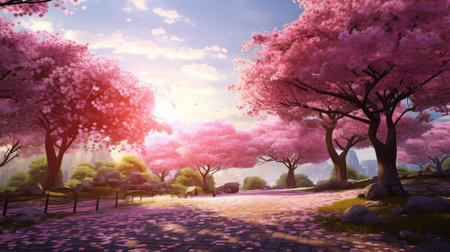 Cherry blossoms in the park at sunset, 3d renderの素材
