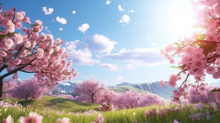 Spring landscape with blooming sakura flowers. 3d render.の素材