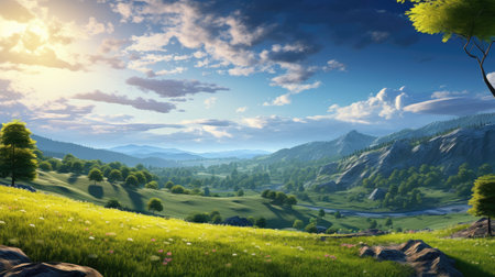 Beautiful summer landscape with meadow and forest. 3d renderの素材