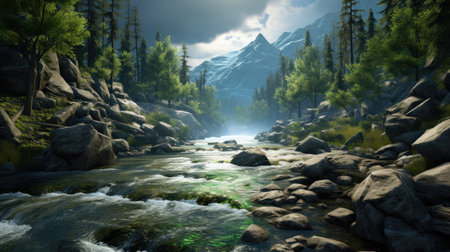 Mountain landscape with river and forest. 3d render illustration.の素材