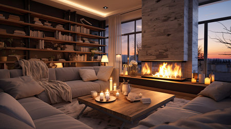 Cozy living room with fireplace and bookshelves. 3d renderの素材