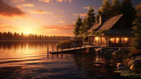 3d render of a log cabin on the lake at sunset.の素材