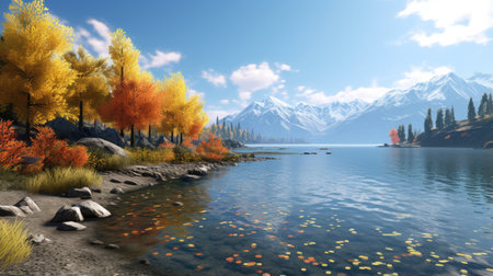Beautiful autumn landscape with lake and mountains in the background - 3d renderの素材