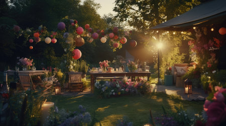 Romantic dinner in a summer garden. Wedding arch decorated with flowers.の素材