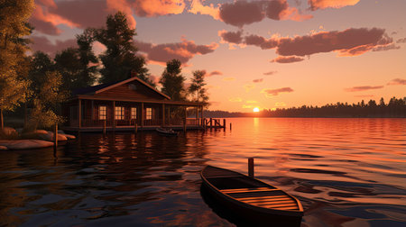 3D render of a wooden house on a lake at sunset.の素材