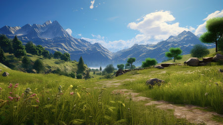 Beautiful panorama of mountains and meadows in the spring.の素材