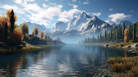 Beautiful autumn landscape with lake and mountains. 3D rendering.の素材