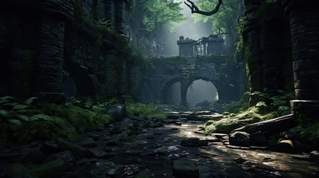 Digital Illustration of a Fantasy Landscape with a Stone Bridge in a Dark Forestの素材