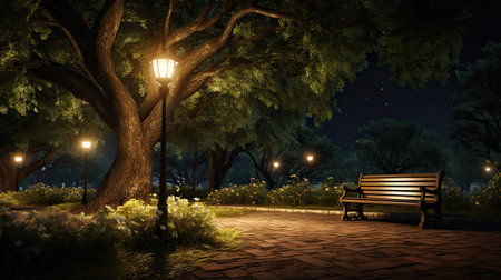 Bench under the tree in the park at night. 3D renderingの素材