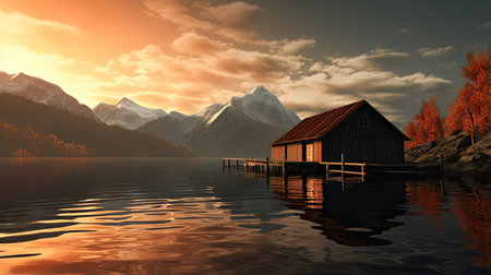 beautiful wooden house on the lake at sunset. 3d renderの素材
