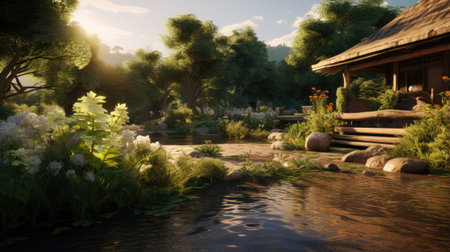 3d render of a beautiful garden with a house and a pondの素材