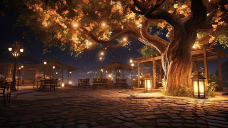Night city street with lanterns and trees. 3D rendering.の素材