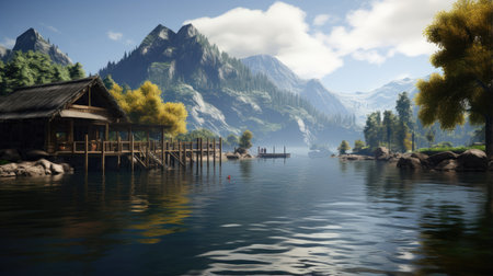 Beautiful lake with mountains in the background, 3d render.の素材
