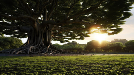 Beautiful fantasy landscape with big tree and sunset. 3d renderの素材