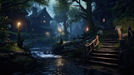 Fantasy scene with old wooden house in the forest. 3D renderingの素材