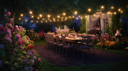 3d rendering of a summer garden at night with tables and chairsの素材