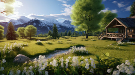 Beautiful spring landscape with a small cottage in the mountains. Digital painting.の素材