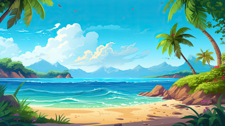 Seascape with tropical beach and palms. Vector cartoon illustration.の素材