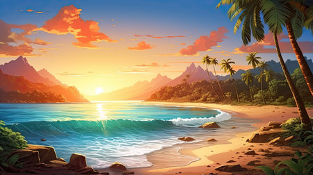 Beautiful sunset on the beach. Vector illustration of a tropical beach.の素材