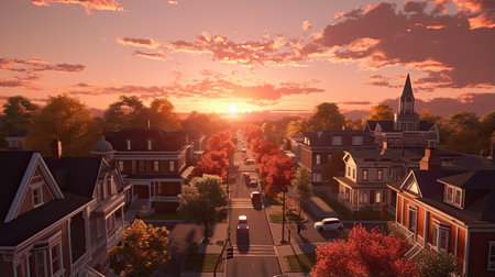 3D render of an urban landscape at sunset with houses and roadsの素材