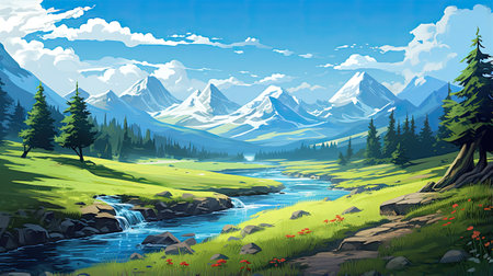 Mountain landscape with river and high peaks in the background. Vector illustrationの素材