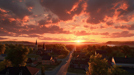 Sunset over the village of Zwolle in Poland.の素材