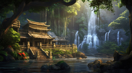 Beautiful landscape with a waterfall and a temple in the jungle.の素材