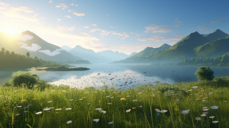 Beautiful landscape with mountains and lake. 3d render illustration.の素材