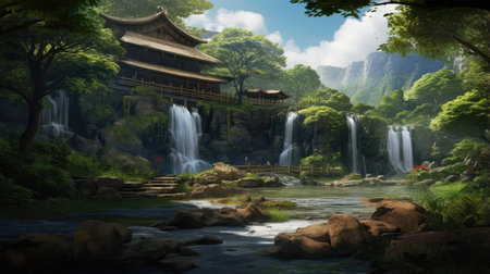 3d rendering of a beautiful waterfall in the garden with a chinese templeの素材