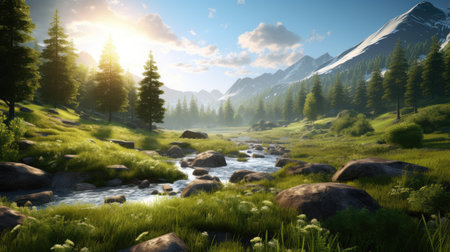 Mountain landscape with a river in the foreground. 3d renderの素材