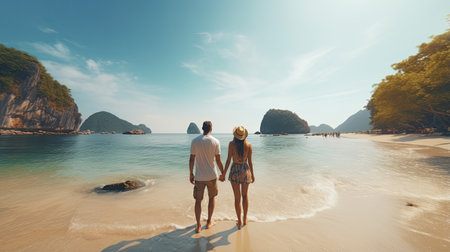Couple walking on the beach. Man and woman standing on the beach.の素材