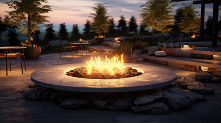 3d render of a terrace with fire pit at sunset.の素材